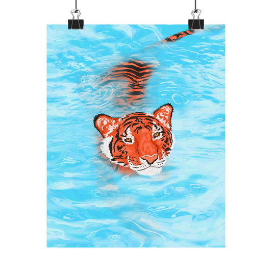 Tiger Swimming Poster, Matte Vertical Art Print, Animal Wall Decor, Tropical Decor, Wildlife Home Decor, Gift for Animal Lovers