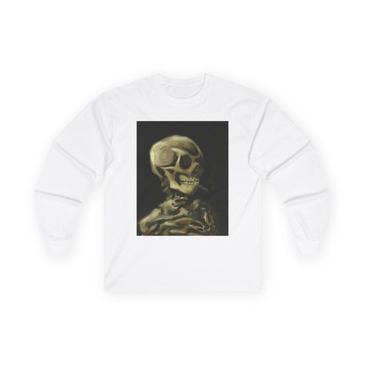 Unisex Long Sleeve Skeleton Tee - Spooky Casual Wear, Gift for Skeleton Lovers, Graphic Tee, Autumn Fashion | Abstract Twist on Van Gogh's Skeleton with Burning Cigarette, Van Gogh Art Reimagined