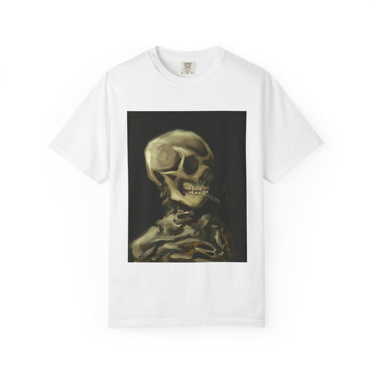 Vintage Skeleton T-Shirt - Unisex Garment-Dyed Tee, Goth Style Tee, Casual Wear, Unique Graphic Shirt | Abstract Modern Twist to Van Gogh's Classic Skeleton with Burning Cigarette | Abstract Art Reimagined