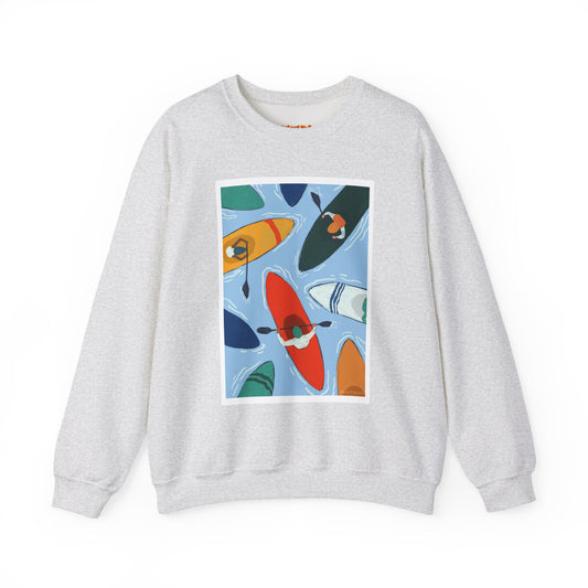 Colorful Kayak Print Crewneck Sweatshirt, Cozy Unisex Pullover, Perfect for Outdoor Lovers, Kayaking Gift, Summer Vibes, Artsy Crewneck, Comfy Pullover, Funky, Quirky Art