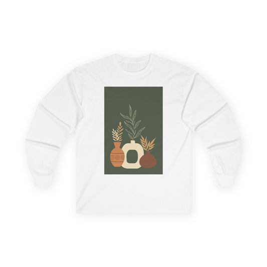 Boho Chic Long Sleeve Tee with Nature Motifs, Plant Lovers Gift, Casual Autumn Apparel, Unique Home Decor Style, Eco-friendly Fashion