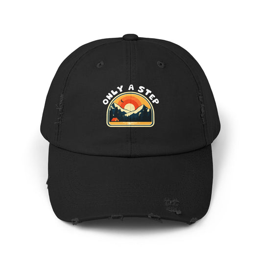 Distressed Cap — “Only a Step” Retro Mountain Sunset Hat