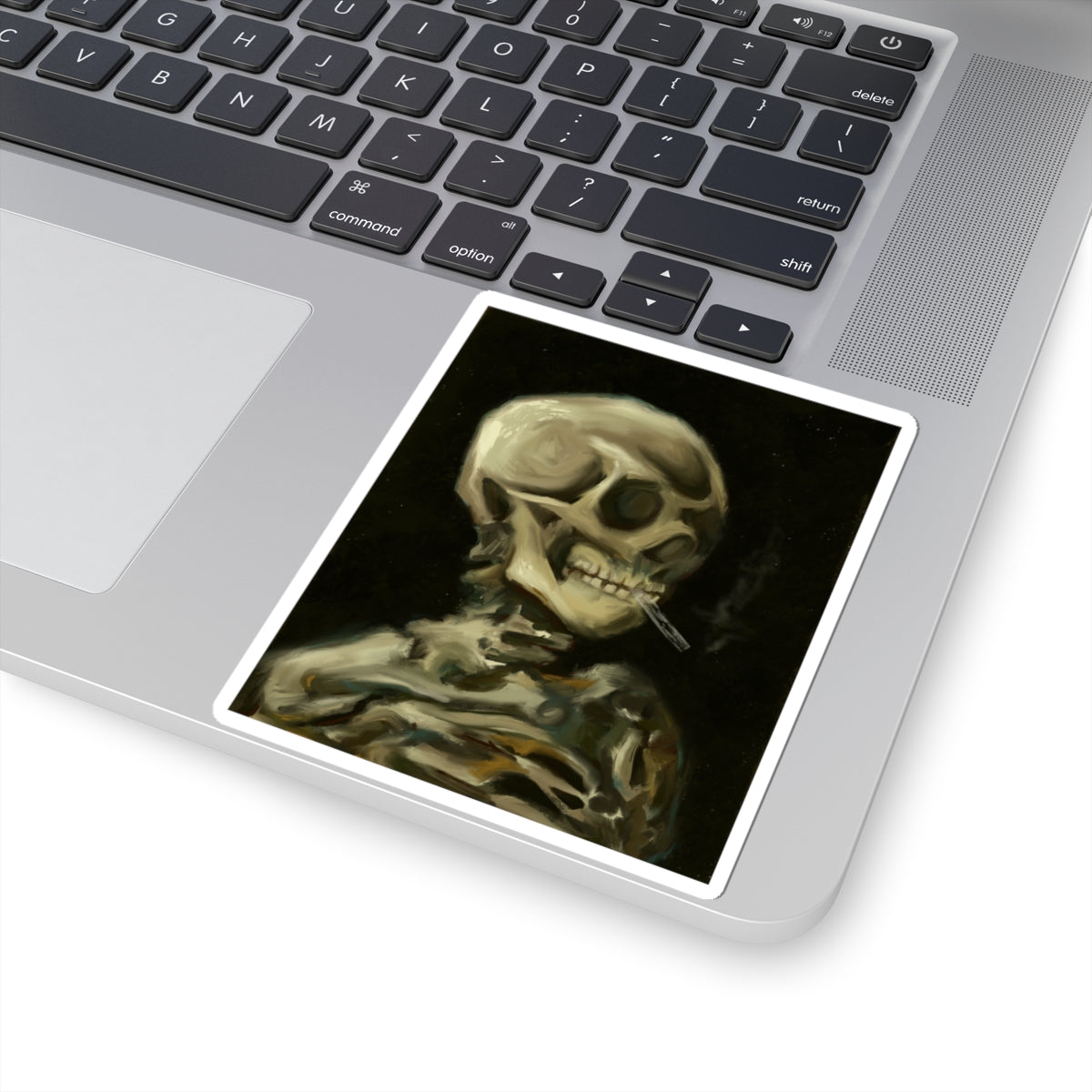 Eerie Skeleton Kiss-Cut Stickers, Spooky Decor, Halloween Accessories, Laptop Stickers, Gothic Art, Gift for Horror Fans | Van Gogh's Skeleton with Burning Cigarette Reimagined, Abstract Modern Twist