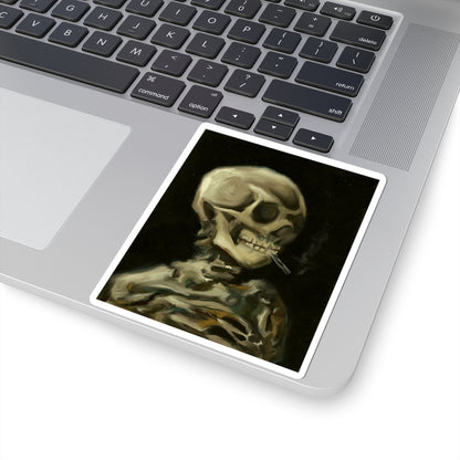 Eerie Skeleton Kiss-Cut Stickers, Spooky Decor, Halloween Accessories, Laptop Stickers, Gothic Art, Gift for Horror Fans | Van Gogh's Skeleton with Burning Cigarette Reimagined, Abstract Modern Twist