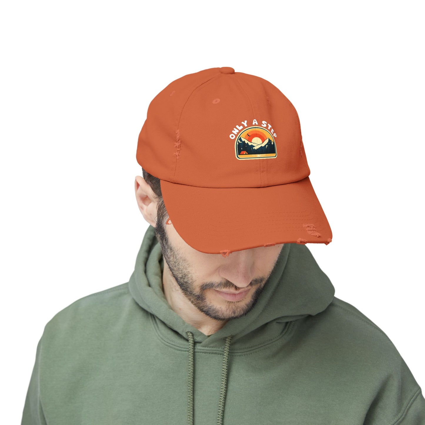 Distressed Cap — “Only a Step” Retro Mountain Sunset Hat