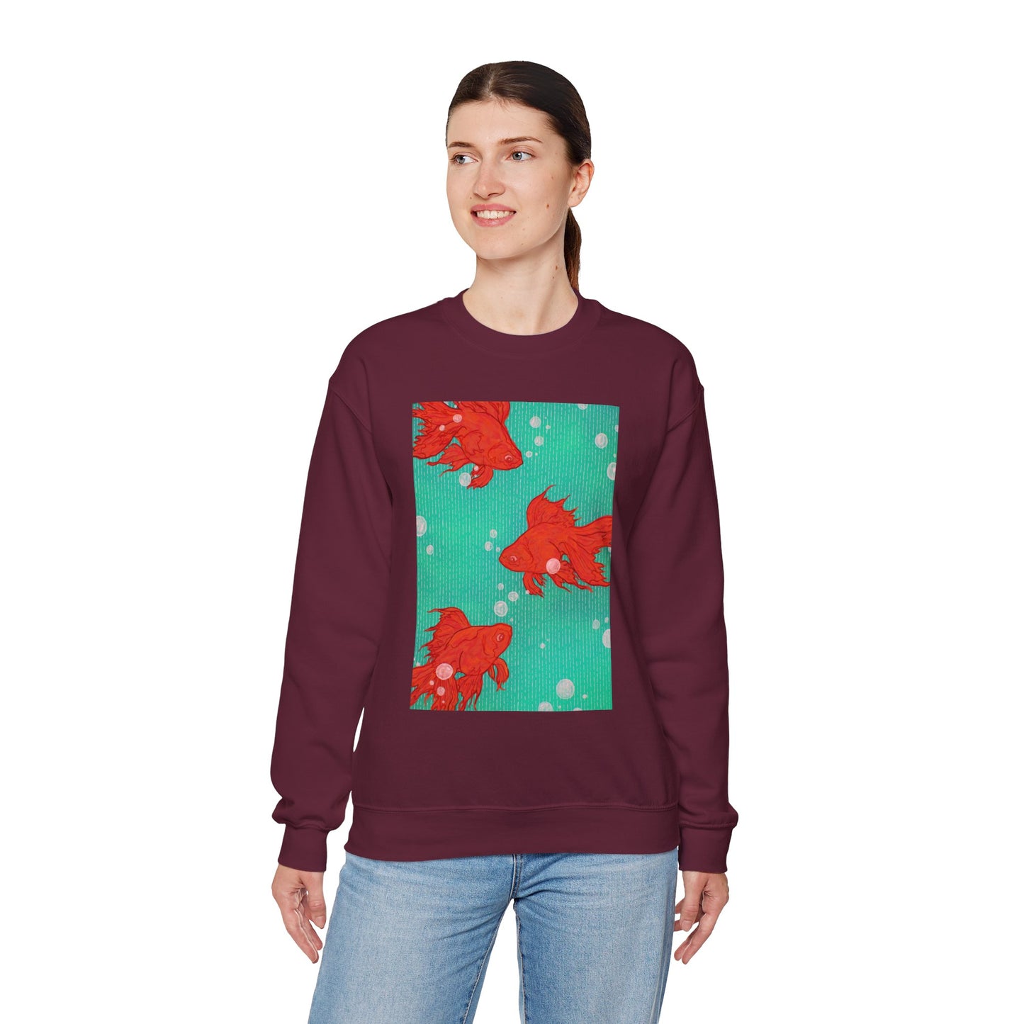 Colorful Fish Graphic Crewneck Sweatshirt, Cozy Unisex Sweater, Fun Graphic Top, Ideal Gift for Fish Lovers, Casual Everyday Wear, Comfy Goldfish Crewneck