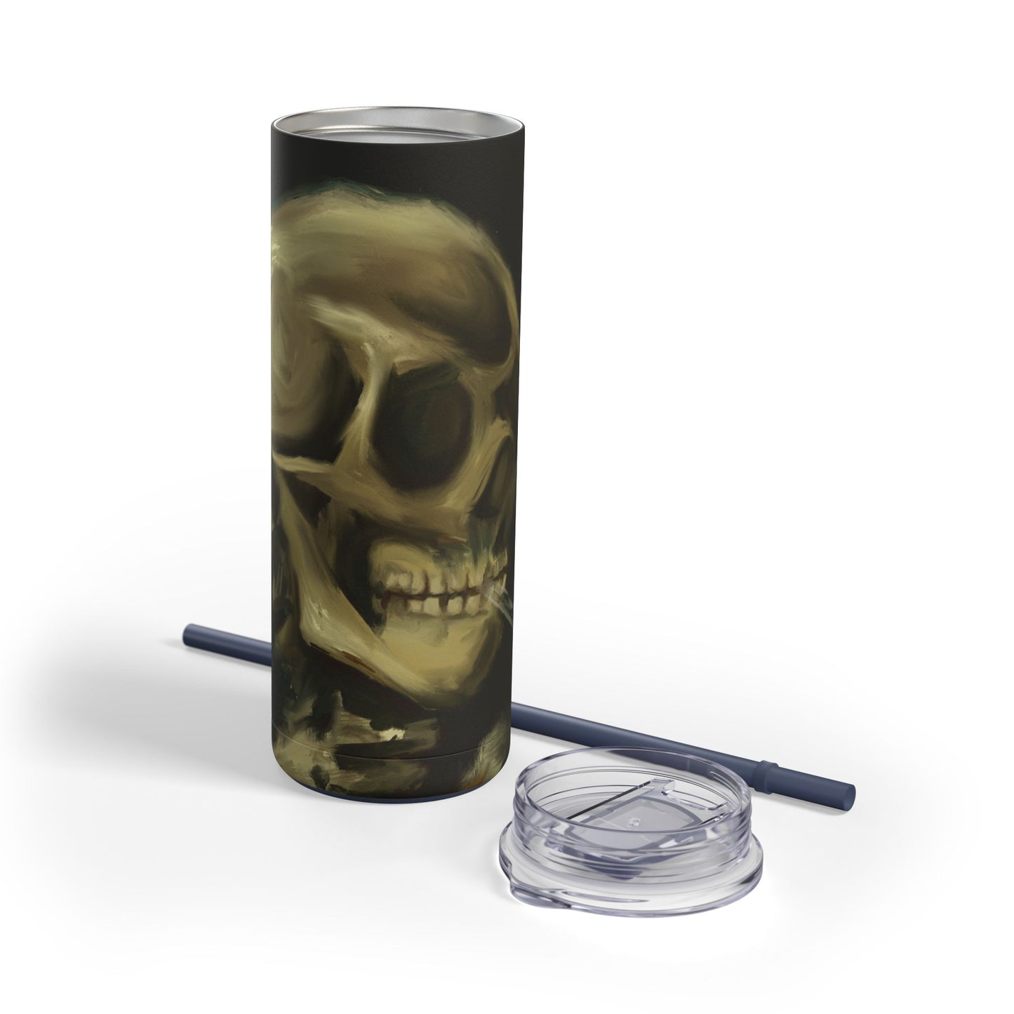 Gothic Skull Tumbler, 20oz | Unique Matte Travel Cup | Halloween Decor | Day of the Dead | Edgy Gifts for Skull Lovers, Reusable Drinkware | Van Gogh's Skeleton with Burning Cigarette Reimagined, Abstract Modern Twist Art