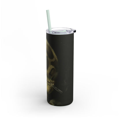 Gothic Skull Tumbler, 20oz | Unique Matte Travel Cup | Halloween Decor | Day of the Dead | Edgy Gifts for Skull Lovers, Reusable Drinkware | Van Gogh's Skeleton with Burning Cigarette Reimagined, Abstract Modern Twist Art