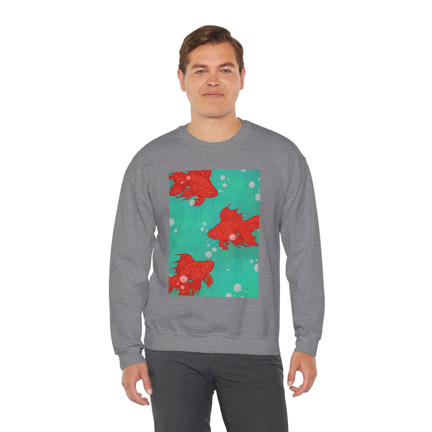 Colorful Fish Graphic Crewneck Sweatshirt, Cozy Unisex Sweater, Fun Graphic Top, Ideal Gift for Fish Lovers, Casual Everyday Wear, Comfy Goldfish Crewneck