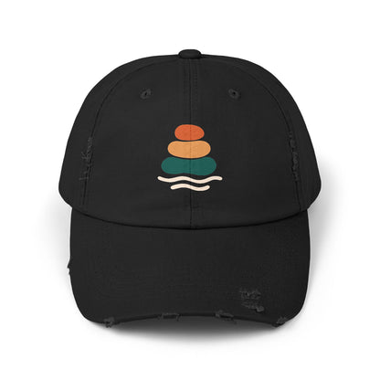 Unisex Distressed Cap with Peaceful Stones Design, Relaxed Vibe, Perfect for Casual Wear, Outdoor Adventures, Gifts for Friends, Beach Wear, Mindfulness Gifts, Serene Crewneck Sweatshirt