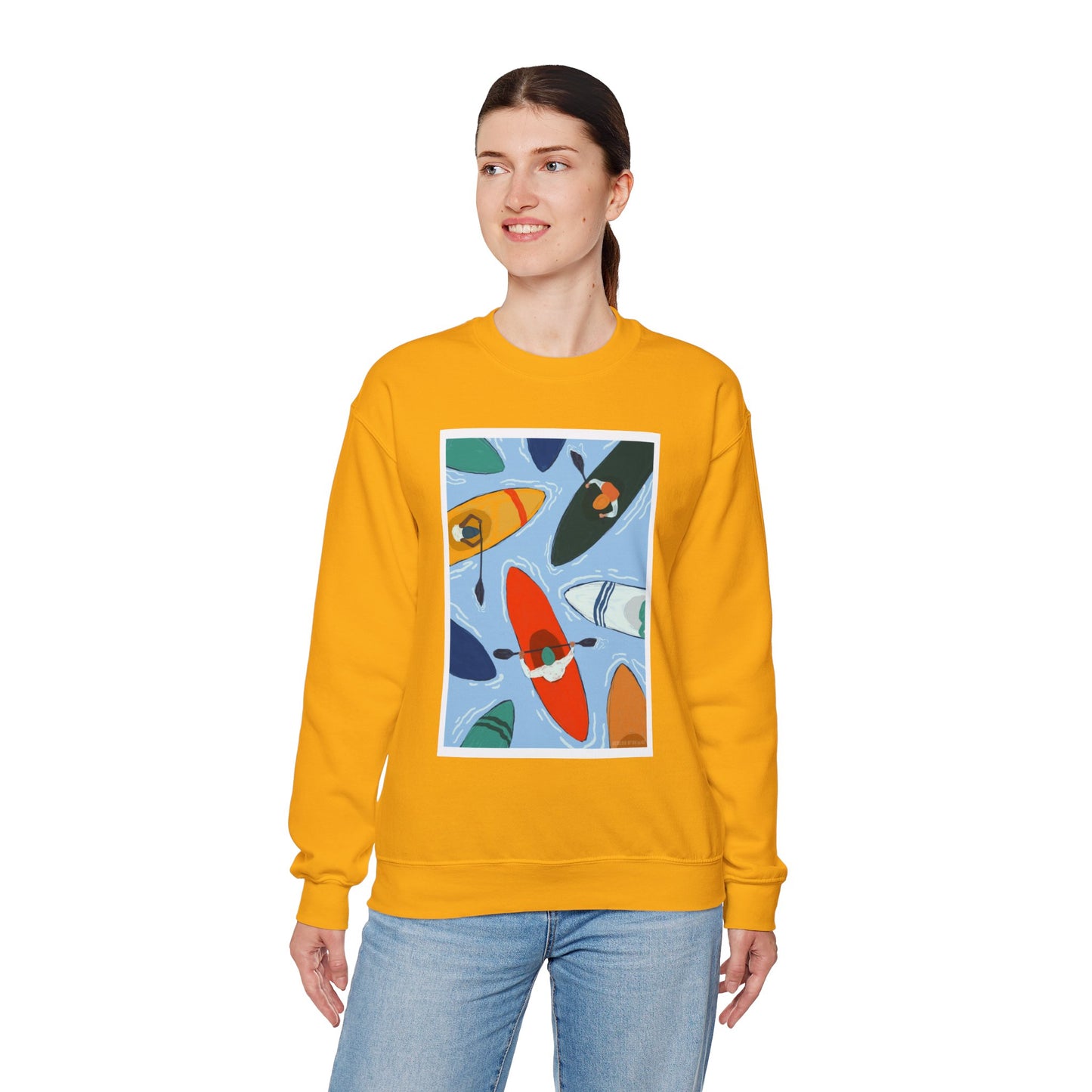 Colorful Kayak Print Crewneck Sweatshirt, Cozy Unisex Pullover, Perfect for Outdoor Lovers, Kayaking Gift, Summer Vibes, Artsy Crewneck, Comfy Pullover, Funky, Quirky Art