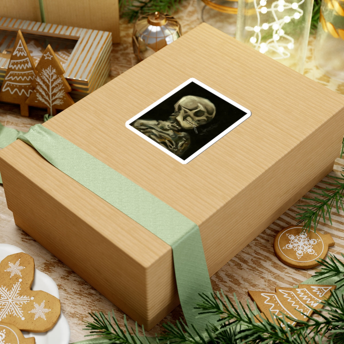 Eerie Skeleton Kiss-Cut Stickers, Spooky Decor, Halloween Accessories, Laptop Stickers, Gothic Art, Gift for Horror Fans | Van Gogh's Skeleton with Burning Cigarette Reimagined, Abstract Modern Twist