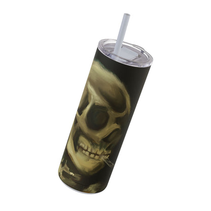 Gothic Skull Tumbler, 20oz | Unique Matte Travel Cup | Halloween Decor | Day of the Dead | Edgy Gifts for Skull Lovers, Reusable Drinkware | Van Gogh's Skeleton with Burning Cigarette Reimagined, Abstract Modern Twist Art