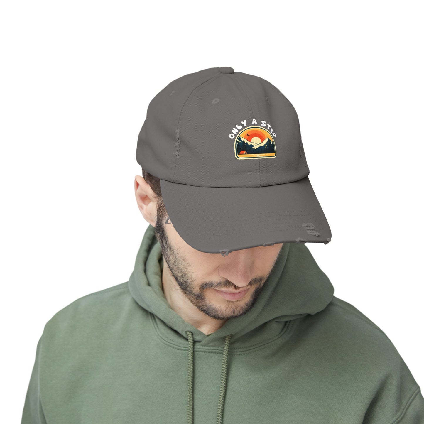 Distressed Cap — “Only a Step” Retro Mountain Sunset Hat