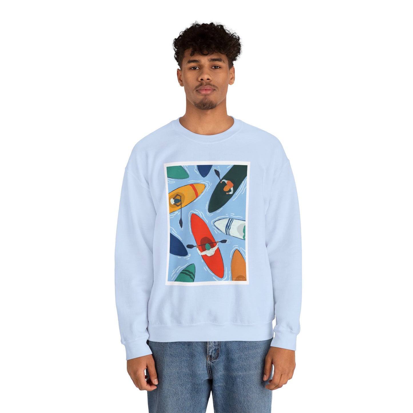 Colorful Kayak Print Crewneck Sweatshirt, Cozy Unisex Pullover, Perfect for Outdoor Lovers, Kayaking Gift, Summer Vibes, Artsy Crewneck, Comfy Pullover, Funky, Quirky Art
