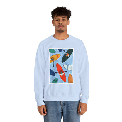 Colorful Kayak Print Crewneck Sweatshirt, Cozy Unisex Pullover, Perfect for Outdoor Lovers, Kayaking Gift, Summer Vibes, Artsy Crewneck, Comfy Pullover, Funky, Quirky Art