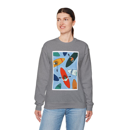 Colorful Kayak Print Crewneck Sweatshirt, Cozy Unisex Pullover, Perfect for Outdoor Lovers, Kayaking Gift, Summer Vibes, Artsy Crewneck, Comfy Pullover, Funky, Quirky Art
