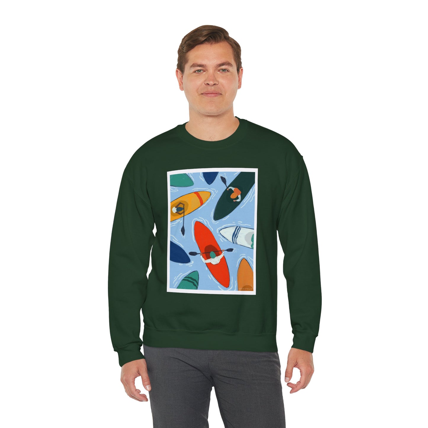 Colorful Kayak Print Crewneck Sweatshirt, Cozy Unisex Pullover, Perfect for Outdoor Lovers, Kayaking Gift, Summer Vibes, Artsy Crewneck, Comfy Pullover, Funky, Quirky Art