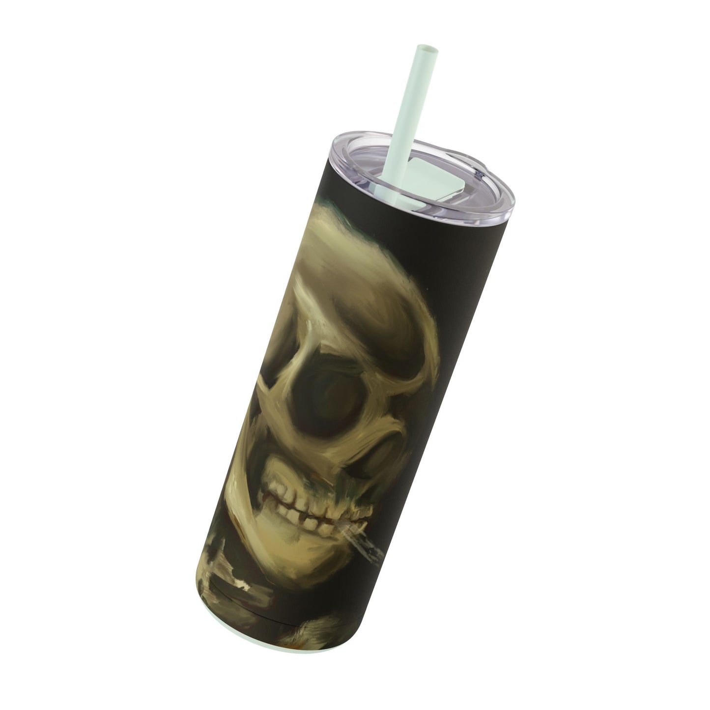 Gothic Skull Tumbler, 20oz | Unique Matte Travel Cup | Halloween Decor | Day of the Dead | Edgy Gifts for Skull Lovers, Reusable Drinkware | Van Gogh's Skeleton with Burning Cigarette Reimagined, Abstract Modern Twist Art