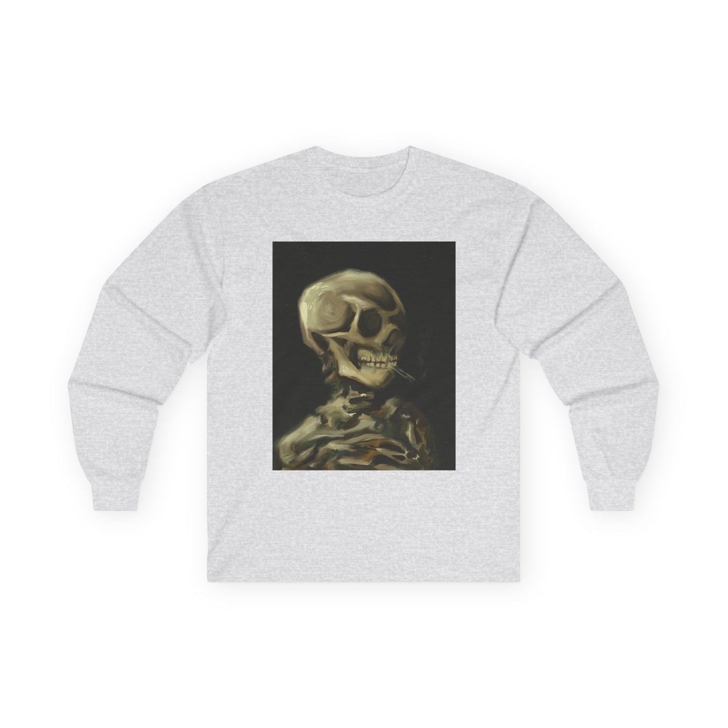 Unisex Long Sleeve Skeleton Tee - Spooky Casual Wear, Gift for Skeleton Lovers, Graphic Tee, Autumn Fashion | Abstract Twist on Van Gogh's Skeleton with Burning Cigarette, Van Gogh Art Reimagined