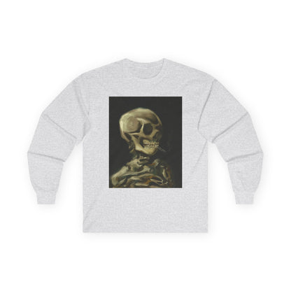 Unisex Long Sleeve Skeleton Tee - Spooky Casual Wear, Gift for Skeleton Lovers, Graphic Tee, Autumn Fashion | Abstract Twist on Van Gogh's Skeleton with Burning Cigarette, Van Gogh Art Reimagined