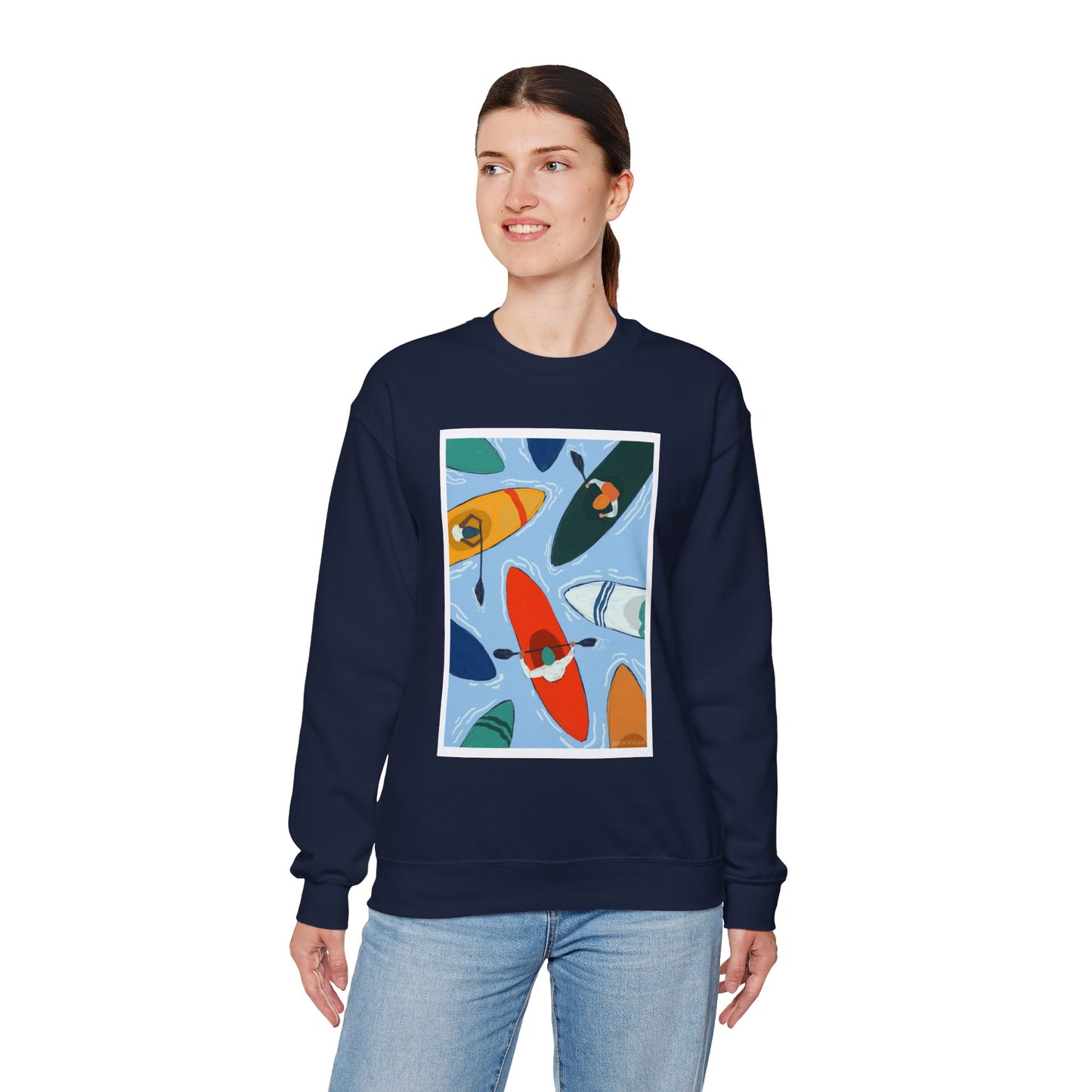 Colorful Kayak Print Crewneck Sweatshirt, Cozy Unisex Pullover, Perfect for Outdoor Lovers, Kayaking Gift, Summer Vibes, Artsy Crewneck, Comfy Pullover, Funky, Quirky Art
