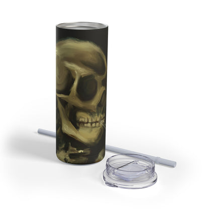Gothic Skull Tumbler, 20oz | Unique Matte Travel Cup | Halloween Decor | Day of the Dead | Edgy Gifts for Skull Lovers, Reusable Drinkware | Van Gogh's Skeleton with Burning Cigarette Reimagined, Abstract Modern Twist Art