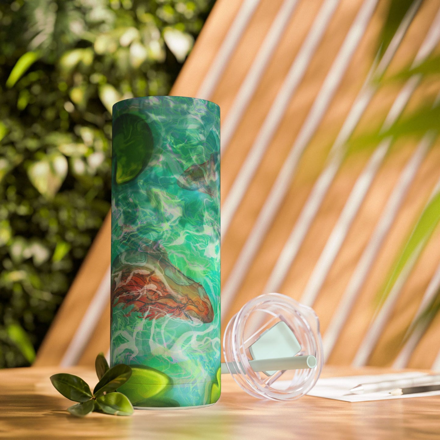 Skinny Tumbler with Abstract Water Design, Eco-Friendly Drinkware, Cool Gift for Her, Summer Vibes, Home & Office Decor, Lily Pads, Fish Pond