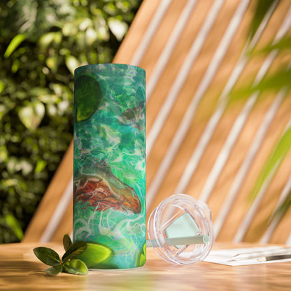 Skinny Tumbler with Abstract Water Design, Eco-Friendly Drinkware, Cool Gift for Her, Summer Vibes, Home & Office Decor, Lily Pads, Fish Pond