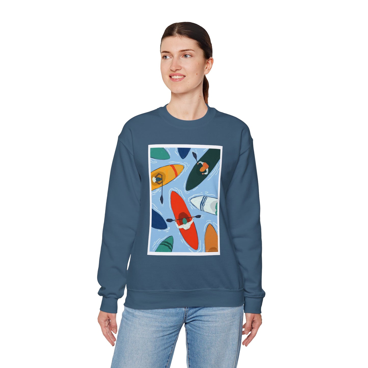 Colorful Kayak Print Crewneck Sweatshirt, Cozy Unisex Pullover, Perfect for Outdoor Lovers, Kayaking Gift, Summer Vibes, Artsy Crewneck, Comfy Pullover, Funky, Quirky Art