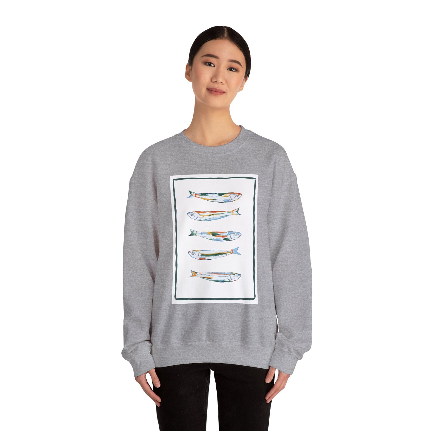 Row of Funky Fish Design Crewneck Sweatshirt - Cozy Unisex Apparel, Perfect for Fishing Lovers, Gift for Nature Enthusiasts, Casual Wear, Artsy Crewnecks, Quirky Fish, Fun Art, Comfy Sweatshirts