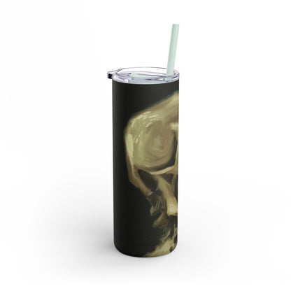 Gothic Skull Tumbler, 20oz | Unique Matte Travel Cup | Halloween Decor | Day of the Dead | Edgy Gifts for Skull Lovers, Reusable Drinkware | Van Gogh's Skeleton with Burning Cigarette Reimagined, Abstract Modern Twist Art
