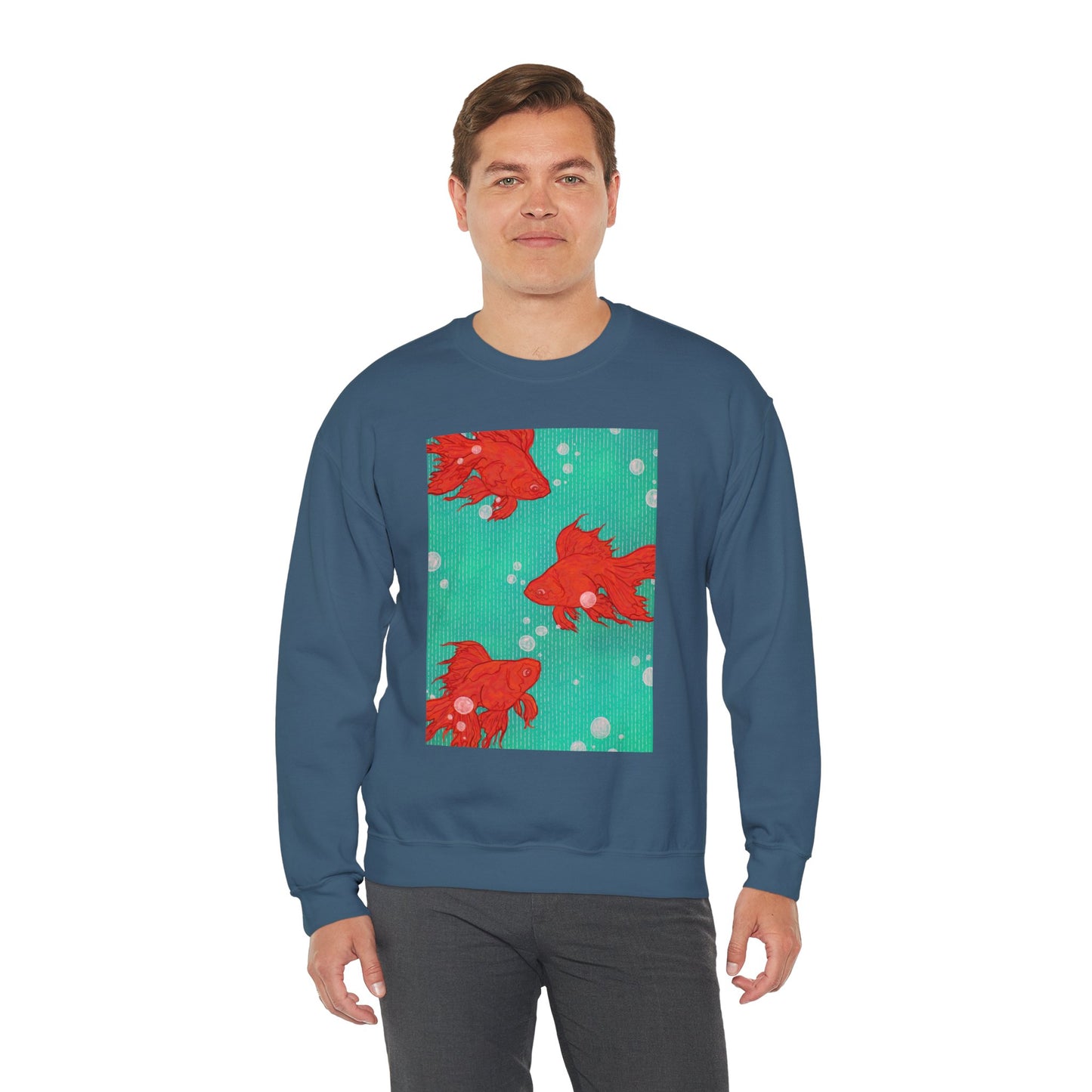 Colorful Fish Graphic Crewneck Sweatshirt, Cozy Unisex Sweater, Fun Graphic Top, Ideal Gift for Fish Lovers, Casual Everyday Wear, Comfy Goldfish Crewneck