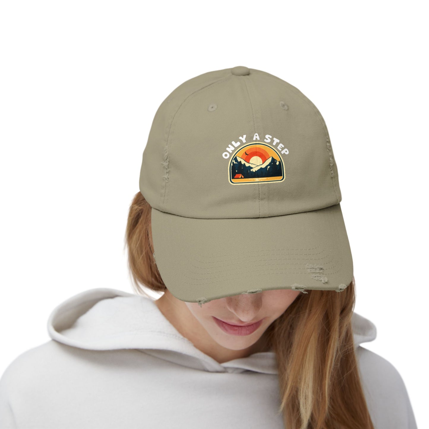 Distressed Cap — “Only a Step” Retro Mountain Sunset Hat