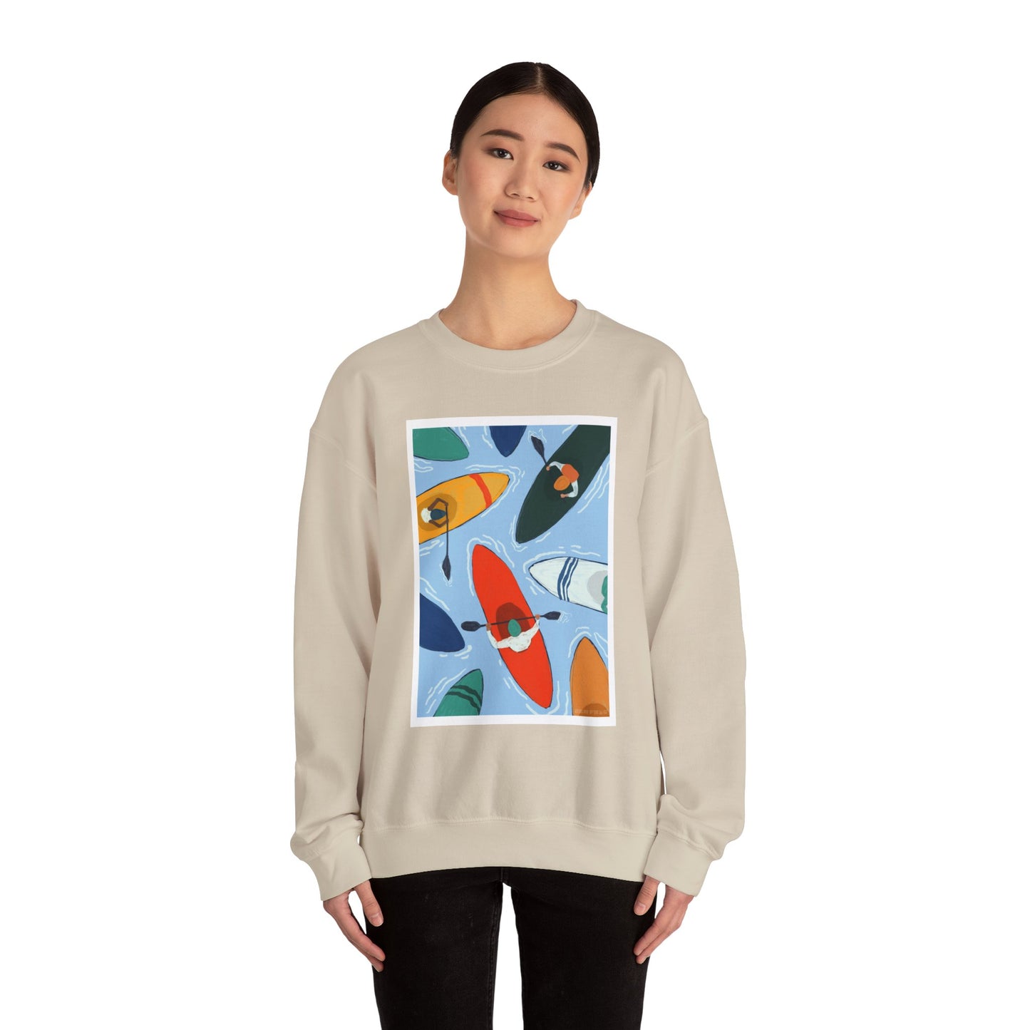 Colorful Kayak Print Crewneck Sweatshirt, Cozy Unisex Pullover, Perfect for Outdoor Lovers, Kayaking Gift, Summer Vibes, Artsy Crewneck, Comfy Pullover, Funky, Quirky Art