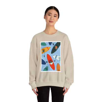 Colorful Kayak Print Crewneck Sweatshirt, Cozy Unisex Pullover, Perfect for Outdoor Lovers, Kayaking Gift, Summer Vibes, Artsy Crewneck, Comfy Pullover, Funky, Quirky Art