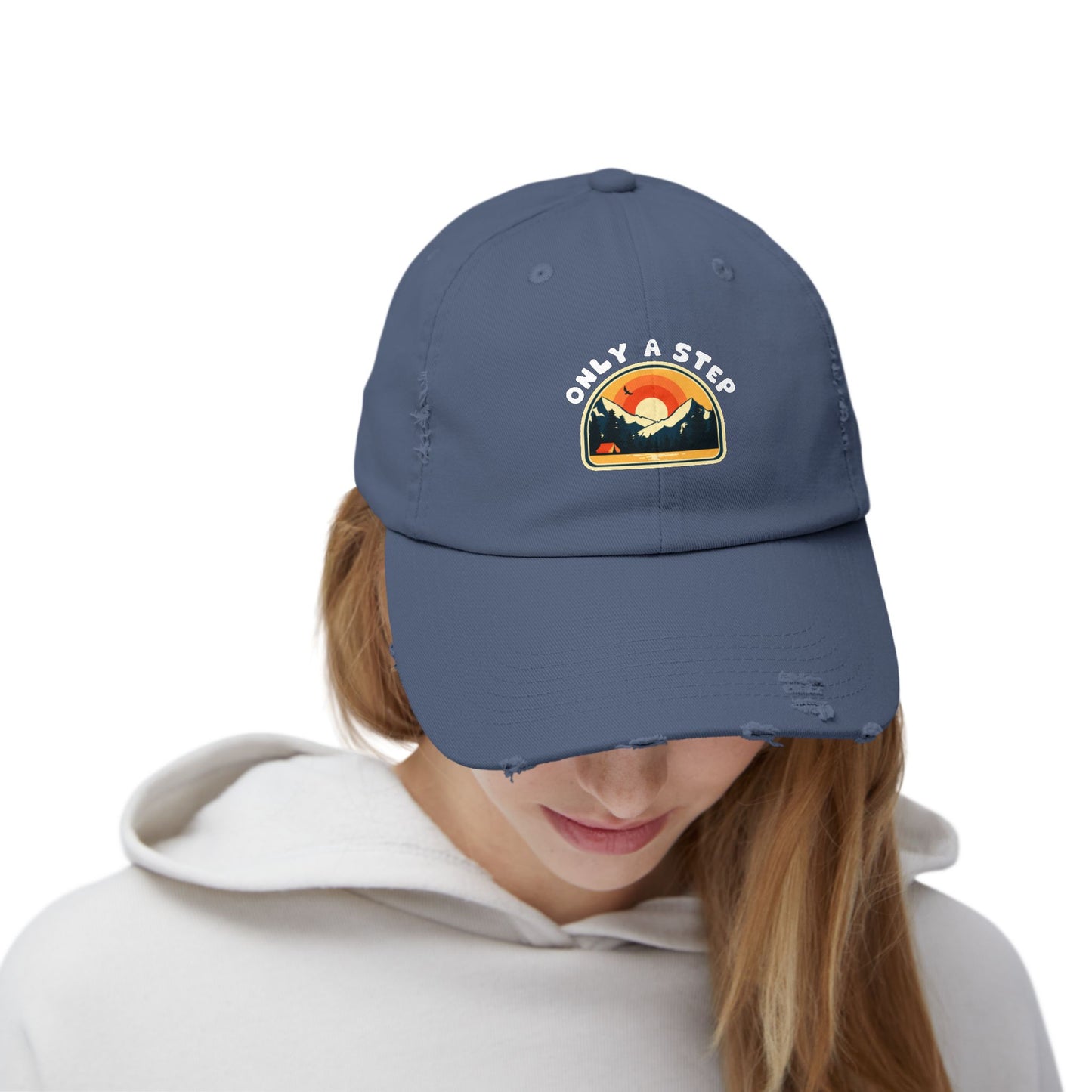 Distressed Cap — “Only a Step” Retro Mountain Sunset Hat