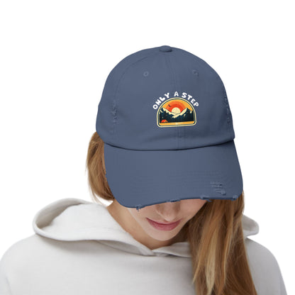 Distressed Cap — “Only a Step” Retro Mountain Sunset Hat
