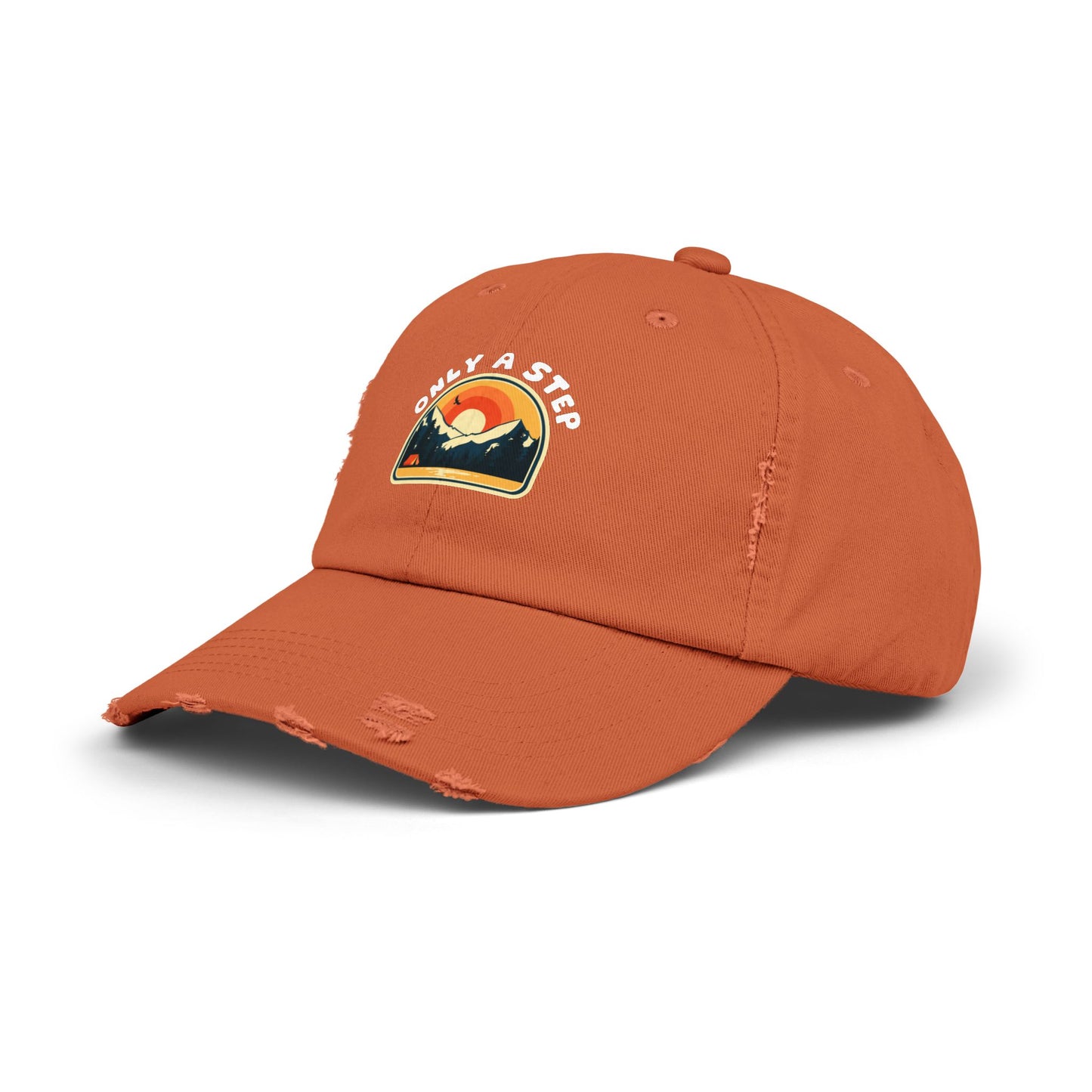 Distressed Cap — “Only a Step” Retro Mountain Sunset Hat