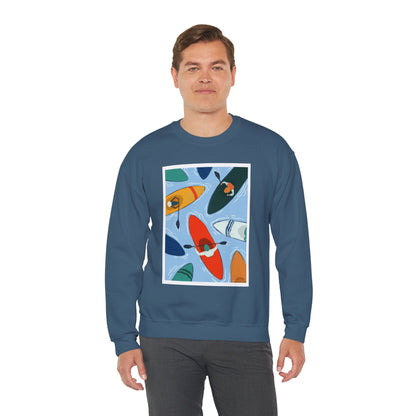 Colorful Kayak Print Crewneck Sweatshirt, Cozy Unisex Pullover, Perfect for Outdoor Lovers, Kayaking Gift, Summer Vibes, Artsy Crewneck, Comfy Pullover, Funky, Quirky Art