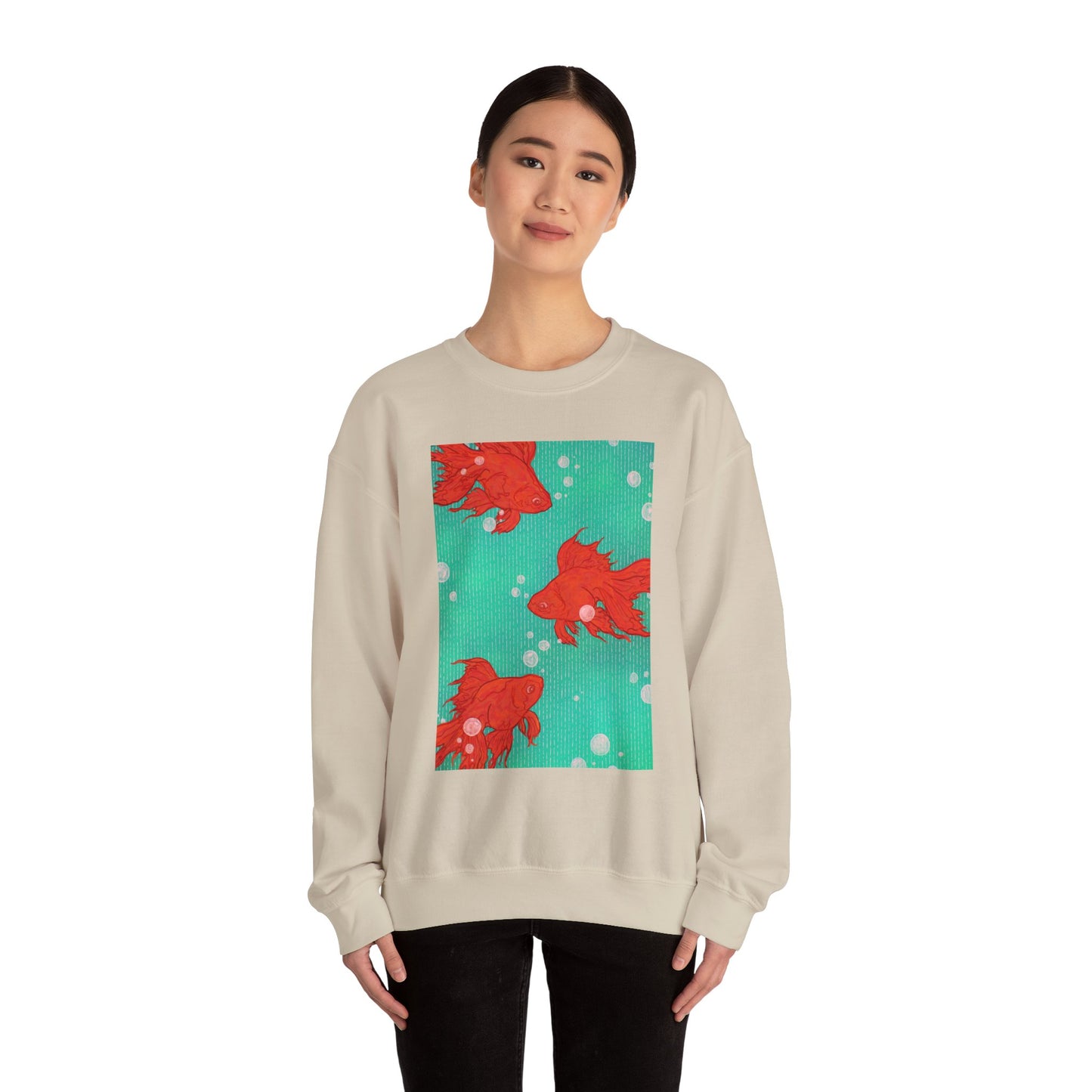 Colorful Fish Graphic Crewneck Sweatshirt, Cozy Unisex Sweater, Fun Graphic Top, Ideal Gift for Fish Lovers, Casual Everyday Wear, Comfy Goldfish Crewneck
