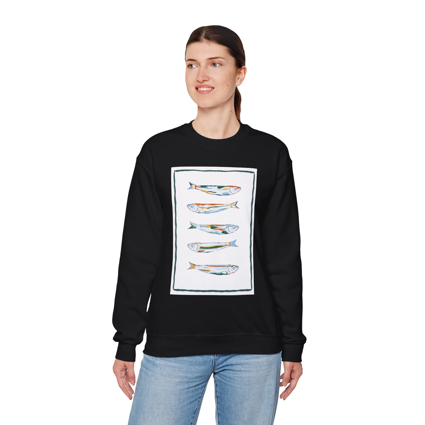 Row of Funky Fish Design Crewneck Sweatshirt - Cozy Unisex Apparel, Perfect for Fishing Lovers, Gift for Nature Enthusiasts, Casual Wear, Artsy Crewnecks, Quirky Fish, Fun Art, Comfy Sweatshirts