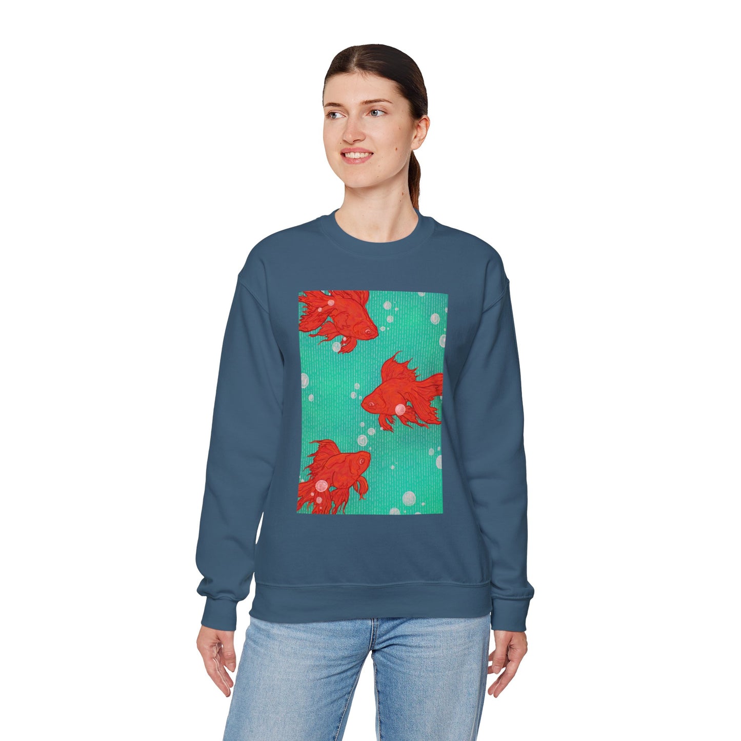 Colorful Fish Graphic Crewneck Sweatshirt, Cozy Unisex Sweater, Fun Graphic Top, Ideal Gift for Fish Lovers, Casual Everyday Wear, Comfy Goldfish Crewneck