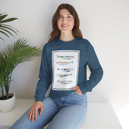 Row of Funky Fish Design Crewneck Sweatshirt - Cozy Unisex Apparel, Perfect for Fishing Lovers, Gift for Nature Enthusiasts, Casual Wear, Artsy Crewnecks, Quirky Fish, Fun Art, Comfy Sweatshirts