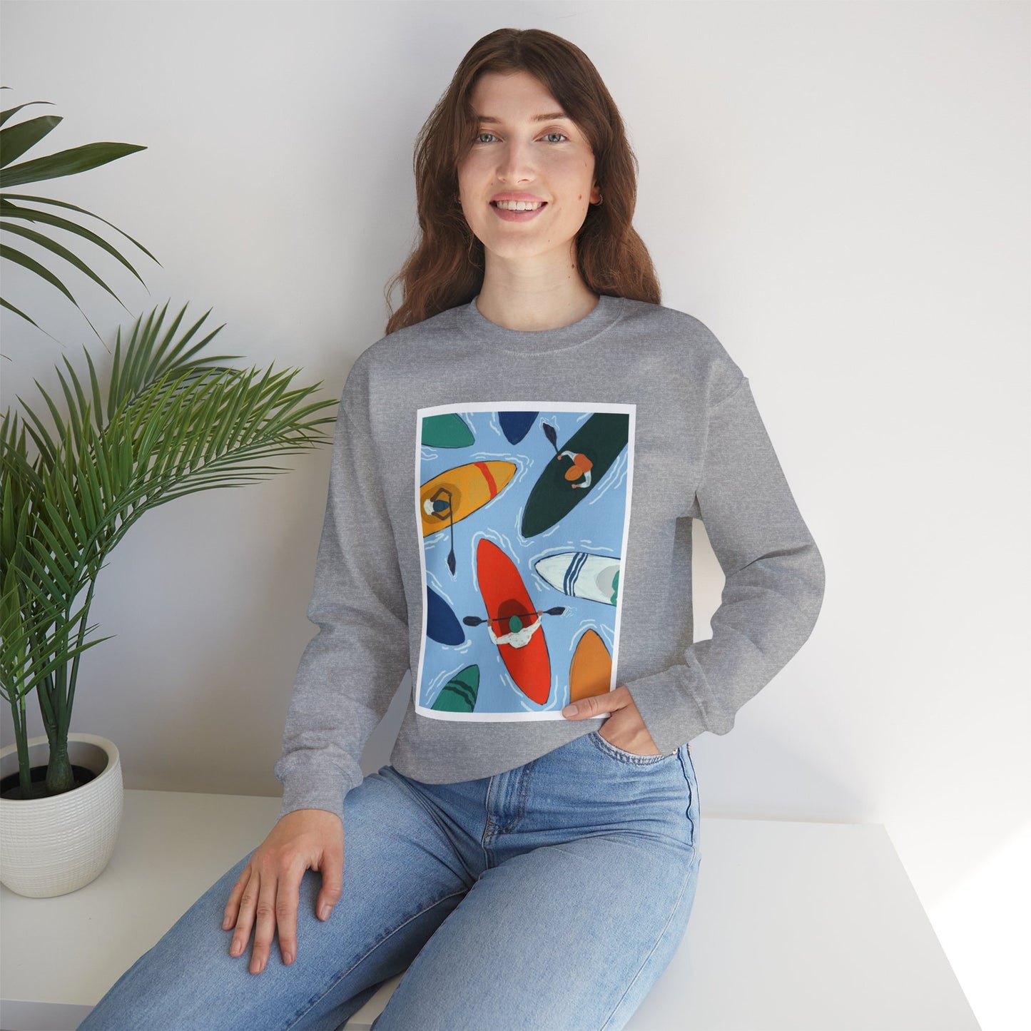 Colorful Kayak Print Crewneck Sweatshirt, Cozy Unisex Pullover, Perfect for Outdoor Lovers, Kayaking Gift, Summer Vibes, Artsy Crewneck, Comfy Pullover, Funky, Quirky Art