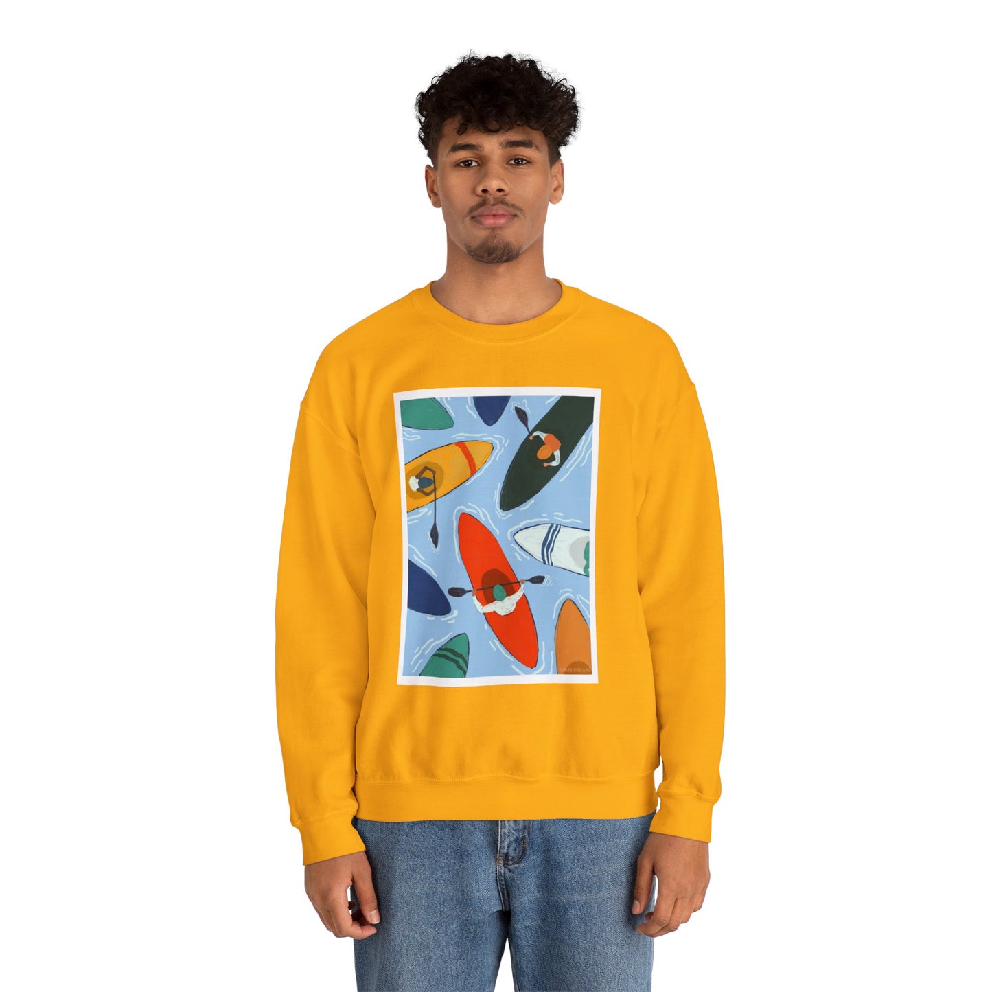 Colorful Kayak Print Crewneck Sweatshirt, Cozy Unisex Pullover, Perfect for Outdoor Lovers, Kayaking Gift, Summer Vibes, Artsy Crewneck, Comfy Pullover, Funky, Quirky Art