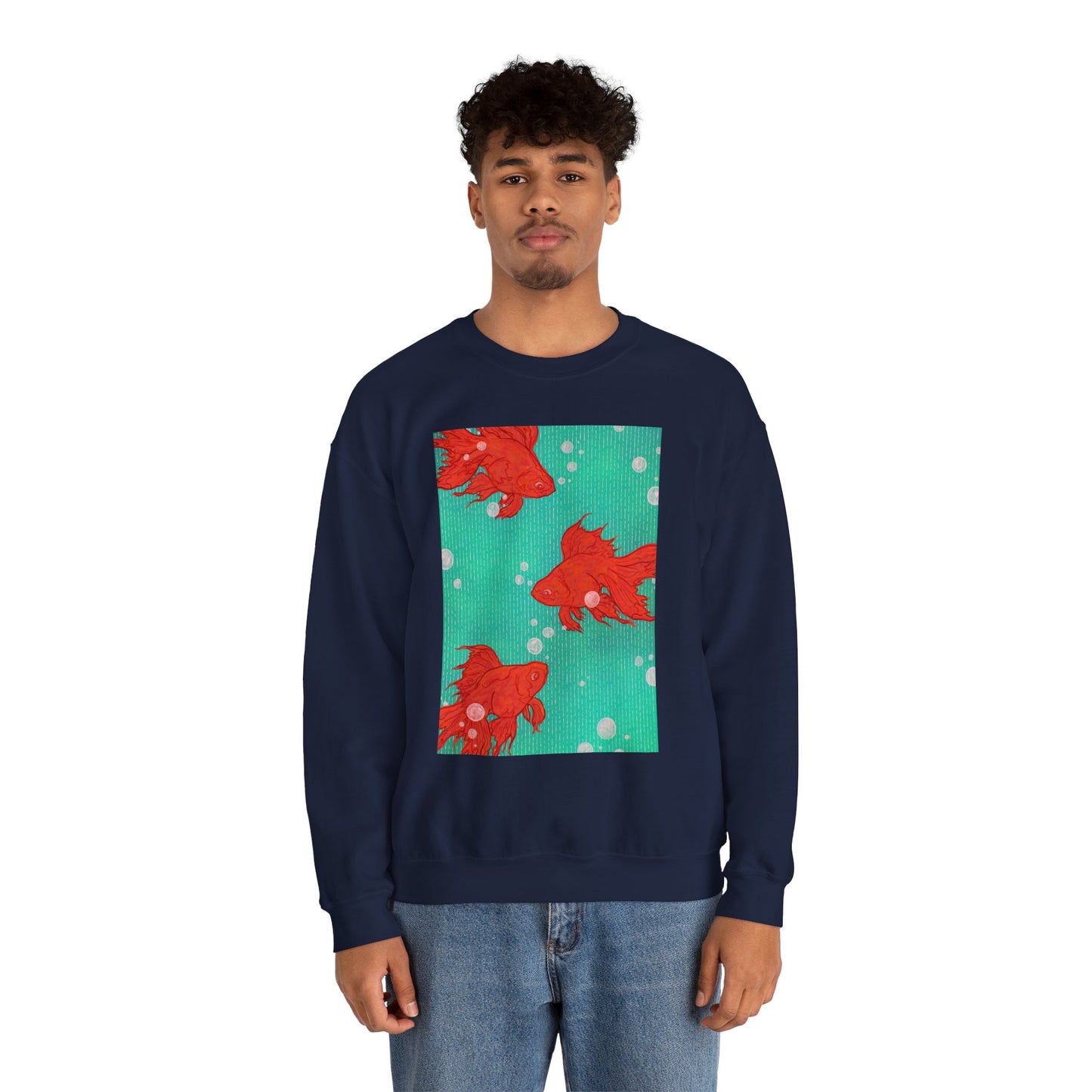 Colorful Fish Graphic Crewneck Sweatshirt, Cozy Unisex Sweater, Fun Graphic Top, Ideal Gift for Fish Lovers, Casual Everyday Wear, Comfy Goldfish Crewneck
