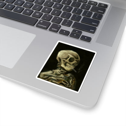 Eerie Skeleton Kiss-Cut Stickers, Spooky Decor, Halloween Accessories, Laptop Stickers, Gothic Art, Gift for Horror Fans | Van Gogh's Skeleton with Burning Cigarette Reimagined, Abstract Modern Twist