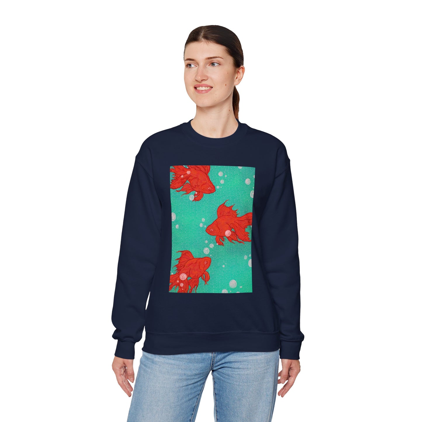Colorful Fish Graphic Crewneck Sweatshirt, Cozy Unisex Sweater, Fun Graphic Top, Ideal Gift for Fish Lovers, Casual Everyday Wear, Comfy Goldfish Crewneck