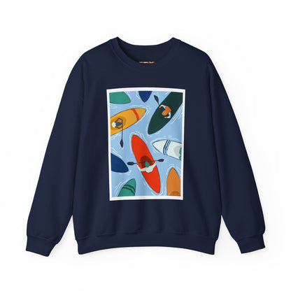 Colorful Kayak Print Crewneck Sweatshirt, Cozy Unisex Pullover, Perfect for Outdoor Lovers, Kayaking Gift, Summer Vibes, Artsy Crewneck, Comfy Pullover, Funky, Quirky Art